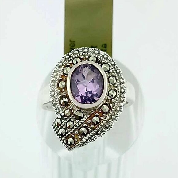 Genuine 1.50 Cts Amethyst & Lab Marcasite Ring .925 Sterling Silver - Picture 3 of 5